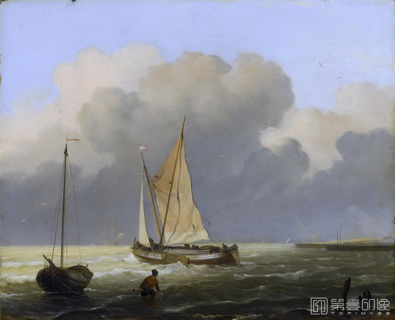 油画-荷兰阿姆斯特丹国家美术馆-Bakhuysen Ludolf Kustgezicht met tjalk 1697